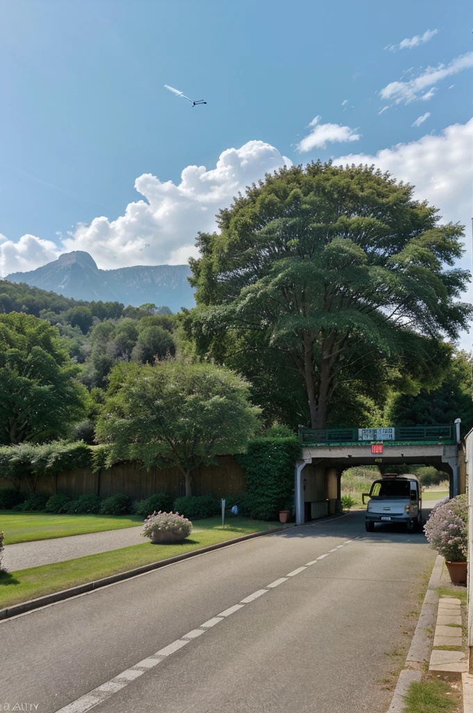 (ultra high resolution,photorealistic,best quality,photorealistic),(8k,raw photo,best quality,masterplece),(photon mapping,radioactivity,physically based rendering,scale automatic whiteboard),real person,photo,bridge,building,shrubs,city,cloud,day,door,fence,field,orest,garden,grass,house,hydrangea,mountain, nature, No_humans, outdoors, path, plant, potted_plant, purple_flower, road, scenery, sky, skyscraper, traditional tree, old tree, 1 helicopter