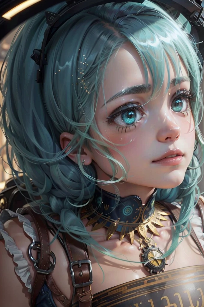 a girl, long sky blue hair, two pig tail, big green eyes, close up, steampunk dress, in clock room, light smile, ray tracing, reflection light, glowing light, Canon, Fujifilm, from above, Ultra-Wide Angle, bust chart, 16k, 8k, highres, best quality, award winning, high details, high quality, super detail, textured skin, anatomically correct, masterpiece, UHD