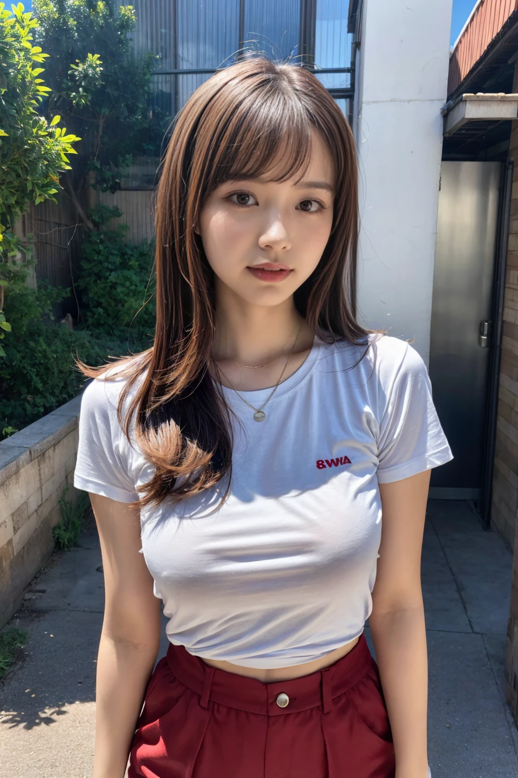 (8K, RAW Photos, Highest quality, masterpiece:1.2), masterpiece, super detailed, super high quality, (Realistic and photorealistic photography:1. 37), High-resolution RAW color photos, Very delicate and beautiful, highly detailed, 8k wallpaper, wonderful, detailed, Very eye, very detailed, very detailed skin, very thin fingers, very detailed nose, very detailed mouth, Perfect Anatomy, BREAK,18 year old girl, (boyish:1.15), (mannish:1.1), Big Natural Color Lip, (Plumpy body:1.2), (smooth skin:1.1), (huge breasts:1.0), BREAK, (Logo T-shirts:1.2), high-waist shorts, necklace