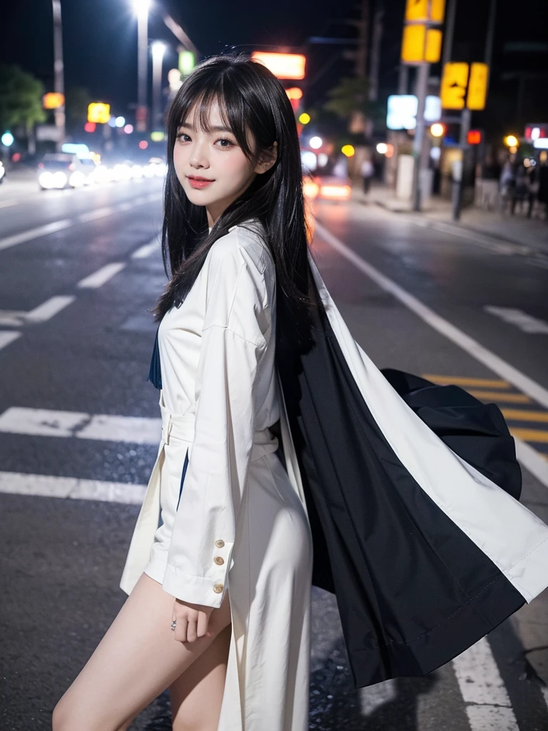 ((4K works))、masterpiece、(top-quality)、1 beutiful girl、Slim body、((Attractive clothes in black and white))、(Detailed beautiful eyes)、Walking together on the road at night、Face similar to Carly Rae Jepsen、((Boyish Gold Medium Hair))、((Smaller face))、((Neutral face))、((Blue eyes))、((American Women))、((Adult female 26 years old))、((cool lady))、((A shy smile on his face))、((Korean Makeup))、((elongated and sharp eyes))、((Happy dating))、((boyish))、((She is walking in front of the viewer))、((Shot from the top of the face))、((Shot diagonally from the side))