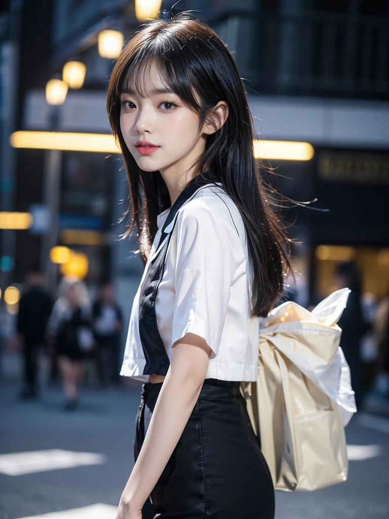 ((4K works))、​masterpiece、(top-quality)、1 beutiful girl、Slim body、((Attractive clothes in black and white))、(Detailed beautiful eyes)、Walking together on the road at night、Face similar to Carly Rae Jepsen、((Boyish Gold Medium Hair))、((Smaller face))、((Neutral face))、((Blue eyes))、((American Women))、((Adult female 26 years old))、((cool lady))、((A shy smile on his face))、((Korean Makeup))、((elongated and sharp eyes))、((Happy dating))、((boyish))、((She is walking in front of the viewer))、((Shot from the top of the face))、((Shot diagonally from the side))