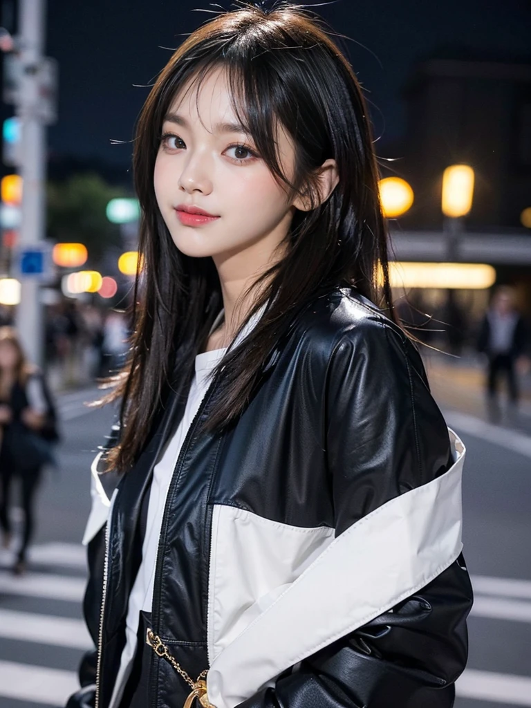 ((4K works))、​masterpiece、(top-quality)、1 beutiful girl、Slim body、((Attractive clothes in black and white))、(Detailed beautiful eyes)、Walking together on the road at night、Face similar to Carly Rae Jepsen、((Boyish Gold Medium Hair))、((Smaller face))、((Neutral face))、((Blue eyes))、((American Women))、((Adult female 26 years old))、((cool lady))、((A shy smile on his face))、((Korean Makeup))、((elongated and sharp eyes))、((Happy dating))、((boyish))、((She is walking in front of the viewer))、((Shot from the top of the face))、((Shot diagonally from the side))