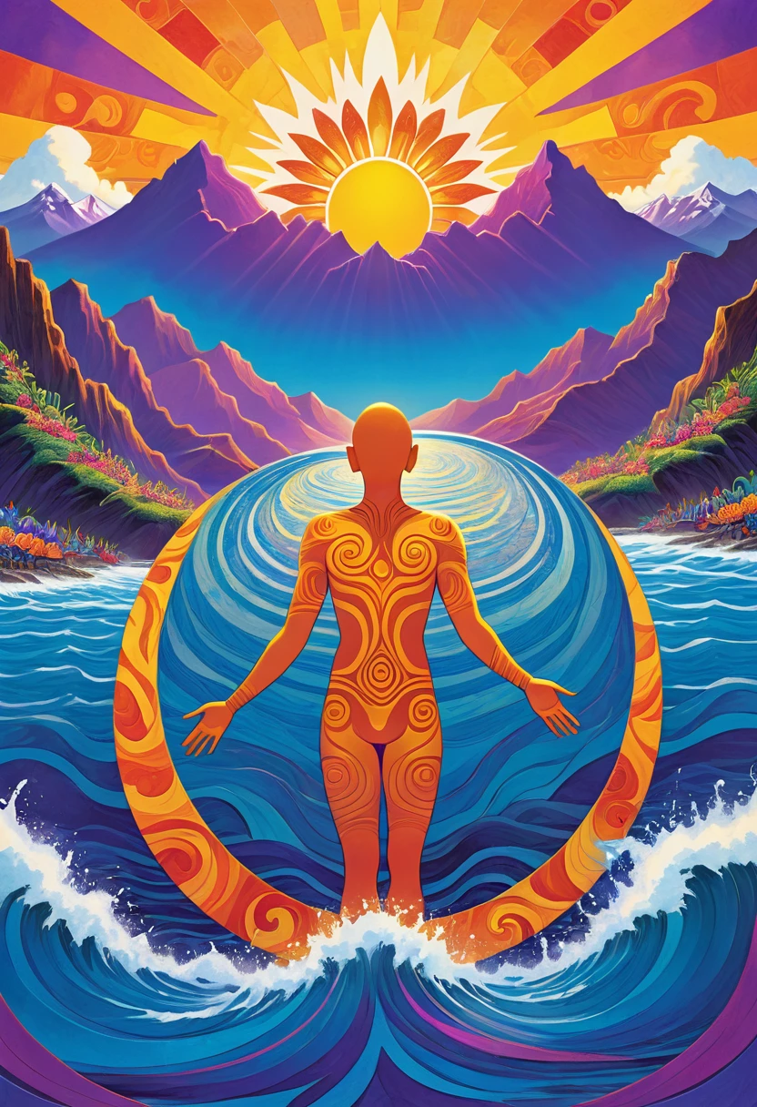 album cover with modern and minimalist frame, orange human figure emerging from the blue sea and rising to the violet skies, yellow inca sun in the upper background, mountains in the lower background, swirly vibrant colors, psychedelic art,Latin American tribal aesthetic