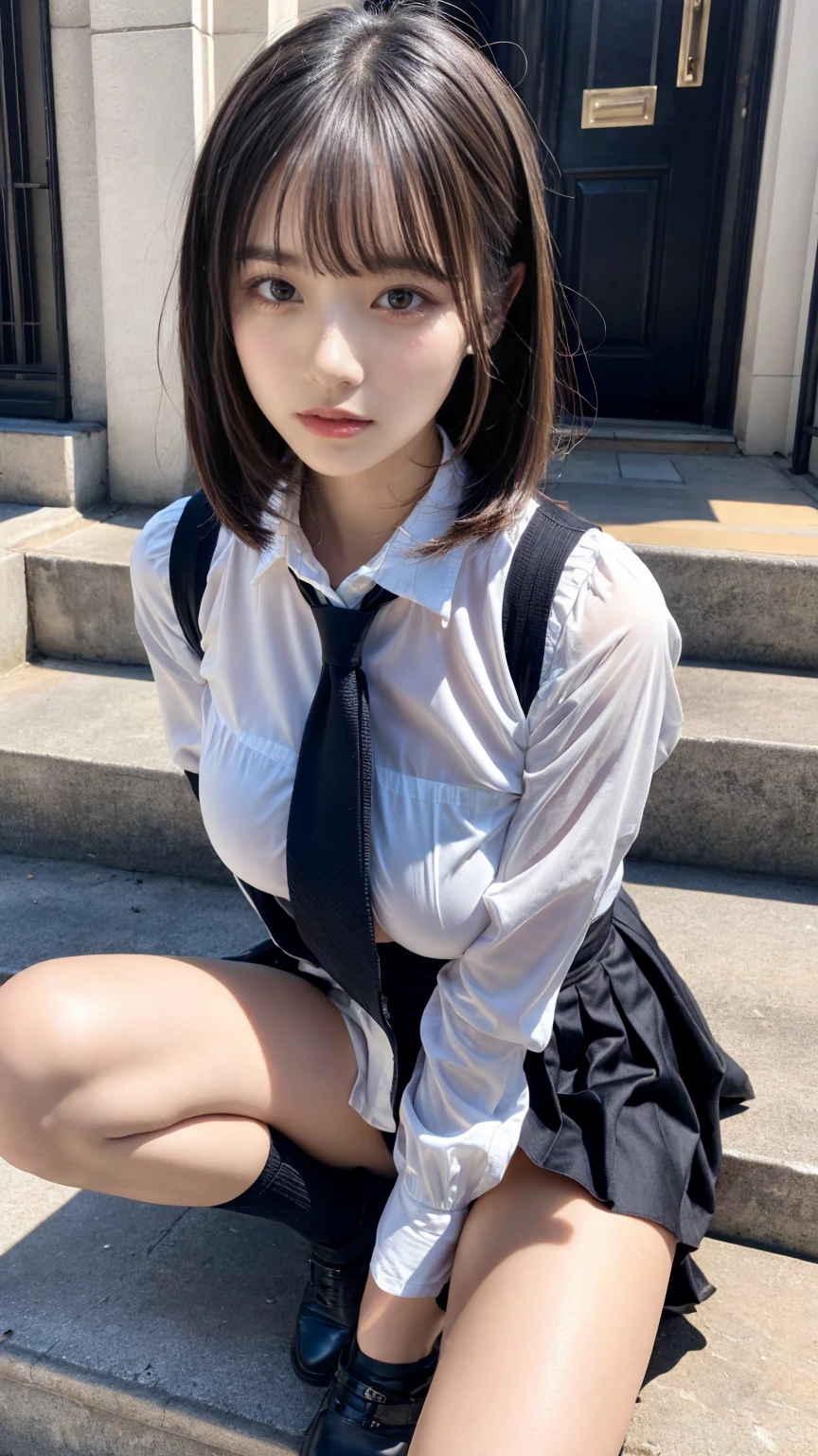 (8K, RAW Photos, Highest quality, masterpiece:1.2), masterpiece, super detailed, super high quality, (Realistic and photorealistic photography:1. 37), High-resolution RAW color photos, Very delicate and beautiful, highly detailed, 8k wallpaper, wonderful, detailed, Very eye, very detailed, very detailed skin, very thin fingers, very detailed nose, very detailed mouth, Perfect Anatomy, BREAK,18 year old girl, moped, short hair, bangs, emphasize breasts, huge breasts, colossal tits, very huge round breasts, beauty legs, (Spread your legs:1.2), (Open your legs:1.2), Hands between legs, (perfect body shape:1.1), Big Natural Color Lip, Small and round face, cute type, (Details High quality, realistic depiction of eyes:1.3), Beautiful makeup, glitter makeup, BREAK, skirt, socks, black socks, pleated skirt, kneehighs, white shirt, blue necktie, long sleeves, vest, collared shirt, BREAK, (sitting on a step:1.2), bold sexy pose