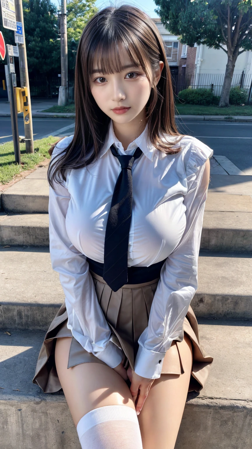 (8K, RAW Photos, Highest quality, masterpiece:1.2), masterpiece, super detailed, super high quality, (Realistic and photorealistic photography:1. 37), High-resolution RAW color photos, Very delicate and beautiful, highly detailed, 8k wallpaper, wonderful, detailed, Very eye, very detailed, very detailed skin, very thin fingers, very detailed nose, very detailed mouth, Perfect Anatomy, BREAK,18 year old girl, moped, short hair, bangs, emphasize breasts, huge breasts, colossal tits, very huge round breasts, beauty legs, (Spread your legs:1.2), (Open your legs:1.2), Hands between legs, (perfect body shape:1.1), Big Natural Color Lip, Small and round face, cute type, (Details High quality, realistic depiction of eyes:1.3), Beautiful makeup, glitter makeup, BREAK, skirt, socks, black socks, pleated skirt, kneehighs, white shirt, blue necktie, long sleeves, vest, collared shirt, BREAK, (sitting on a step:1.2), bold sexy pose