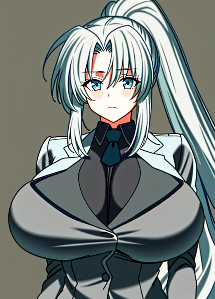 1girl, solo, long hair, breasts, looking at viewer, shirt, long sleeves, hair between eyes, closed mouth, very long hair, jacket, upper body, ponytail, sidelocks, necktie, huge breasts, parted bangs, blazer,