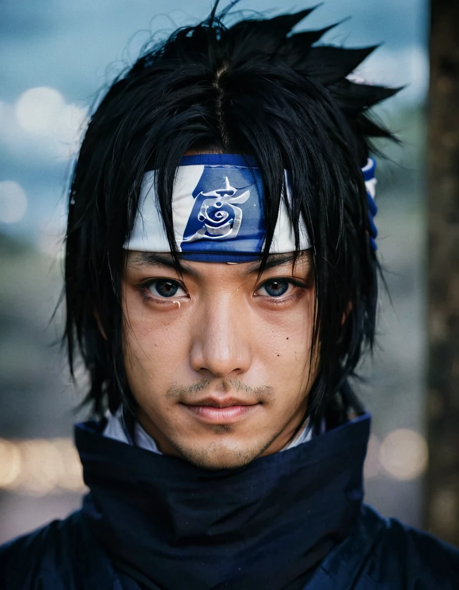 a close up of a person with a blue and white headband, Uchiha Sasuke, (highly detailed face:1.4) (smile:0.7) (background inside dark, moody, private study:1.3) POV, by lee jeffries, nikon d850, film stock photograph ,4 kodak portra 400 ,camera f1.6 lens ,rich colors ,hyper realistic ,lifelike texture, dramatic lighting , cinestill 800