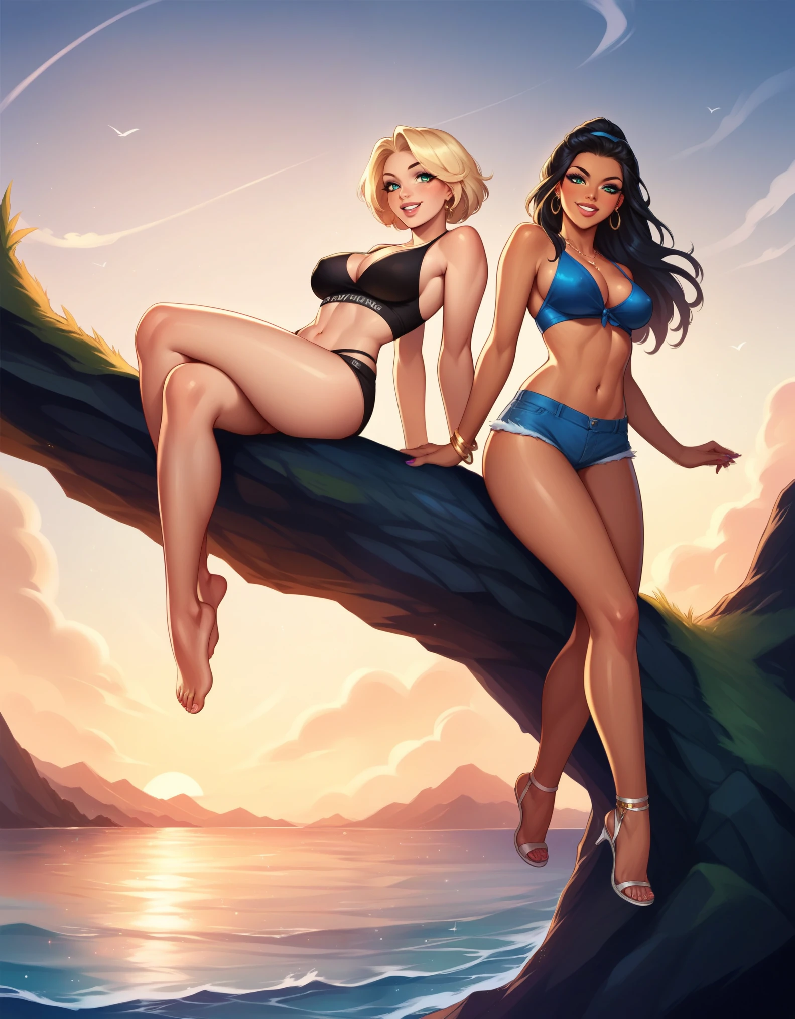 Two stunning women with hourglass figures, one with sapphire eyes and blonde hair, the other with emerald eyes and black hair, on a cliff overlooking the ocean. They are wearing playful, ???? outfits or nothing at all, smiling peacefully. The style is realistic with a focus on ocean scenery.
