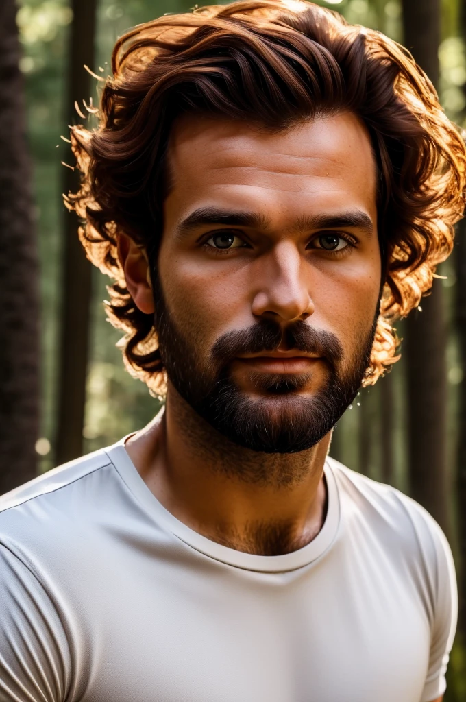 (((hd closeup photo))), one standing Pedro Coimbra, portuguese short wavy dark ginger hair and short beard, Alto looking at camera, 36 years old, in forest, dark brown eyes, white skin, black t-shirt