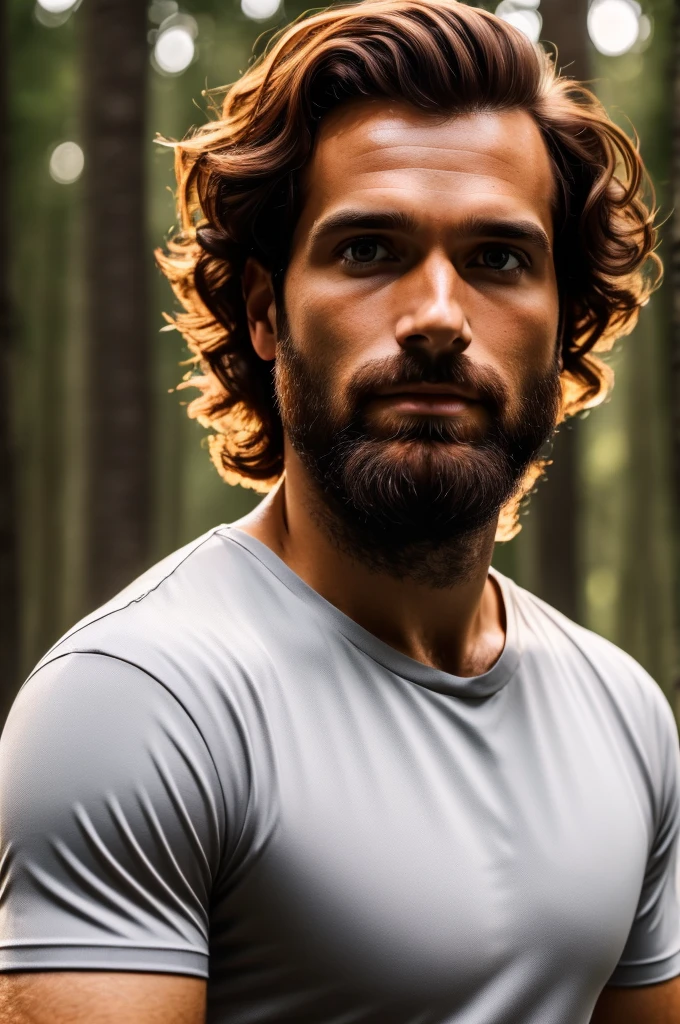 (((hd closeup photo))), one standing Pedro Coimbra, portuguese short wavy dark ginger hair and short beard, Alto looking at camera, 36 years old, in forest, dark brown eyes, white skin, black t-shirt