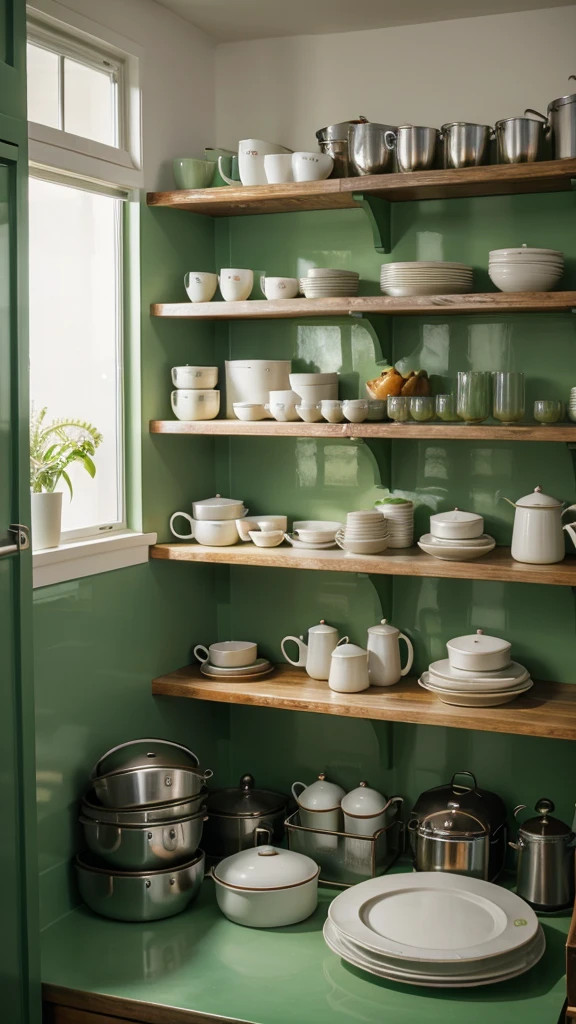green kitchen filled with meals in plates