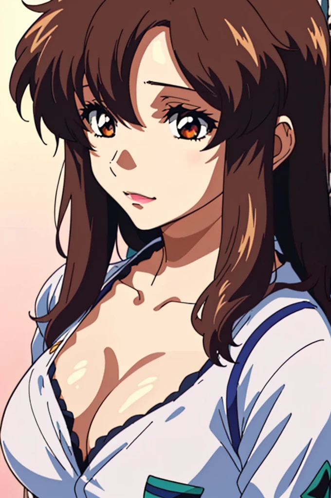 (masutepiece, Best Quality, High resolution:1.5, anime colours, megami magazine:1.2, anime poster style, anime keyvisual, sharp, 8k, photorealistic), (beautiful detailed eyes:1.5, beautiful detailed face:1.2), Murrue Ramius, 1girl, blush, (brown hair, medium hair), (sagging huge breasts), (negligee:1.2, no bra), upper body, (Perfect detailed Anatomy, beautiful detailed hair, beautiful detailed body:1.2, shiny skin), (thick outline, Beautiful outlines, black outlines), simple background:1.5