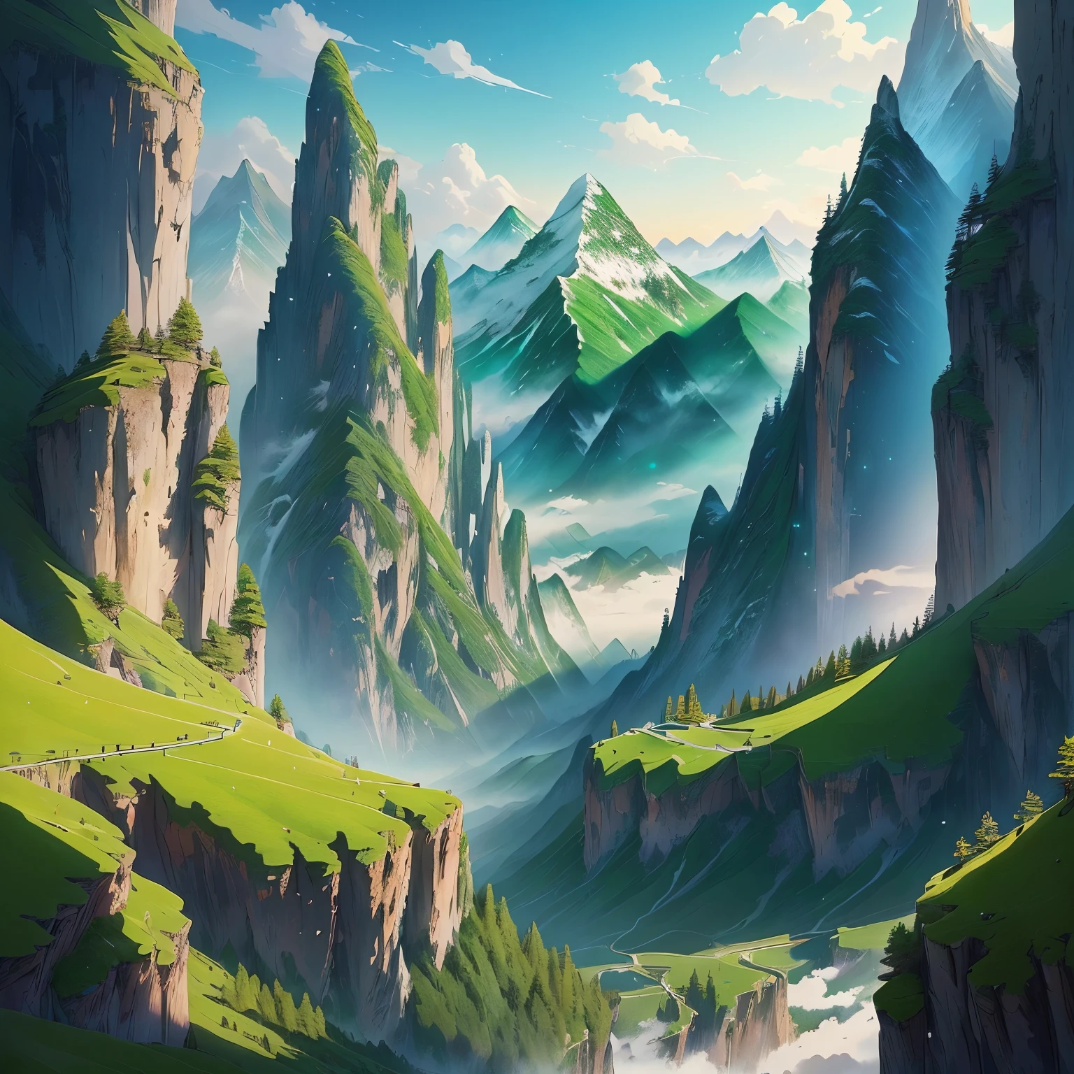 In summer, draw a mountain view with green peaks, featuring detailed scenery, anime style scenery, Chinese scenery, floating mountains, changing scenery, background art, anime landscape wallpaper, Chinese fantasy, landscape art, anime background art, landscape background, Chinese watercolor style, mist, anime nature, anime scenery, and fantasy art scenery.