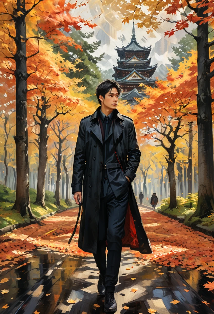 (Black Trench Coat), Oil painting style, a person wearing a black windbreaker is strolling in the maple forest, surrounded by scattered maple leaves falling on the path, forming a carpet interwoven with golden and fiery red. The windbreaker contrasts sharply with the surrounding environment, (Photography), panoramic view, award-winning, cinematic still, emotional, vignette, dynamic, vivid, (masterpiece, best quality, Professional, perfect composition, very aesthetic, absurdres, ultra-detailed, intricate details:1.3)