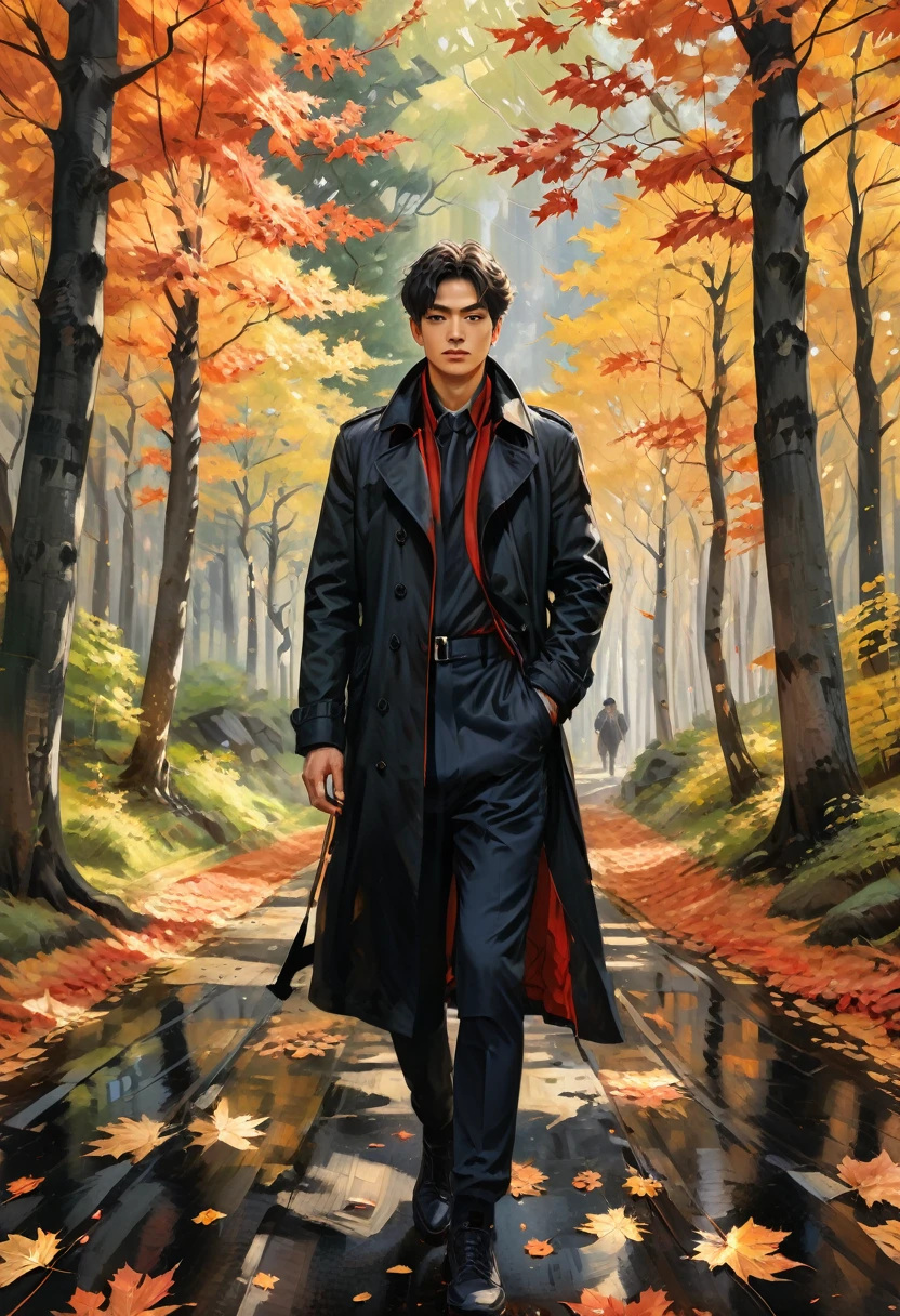 (Black Trench Coat), Oil painting style, a person wearing a black windbreaker is strolling in the maple forest, surrounded by scattered maple leaves falling on the path, forming a carpet interwoven with golden and fiery red. The windbreaker contrasts sharply with the surrounding environment, (Photography), panoramic view, award-winning, cinematic still, emotional, vignette, dynamic, vivid, (masterpiece, best quality, Professional, perfect composition, very aesthetic, absurdres, ultra-detailed, intricate details:1.3)