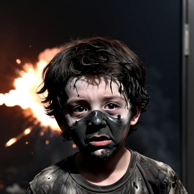 A boy covered in soot gets caught in an explosion on the show