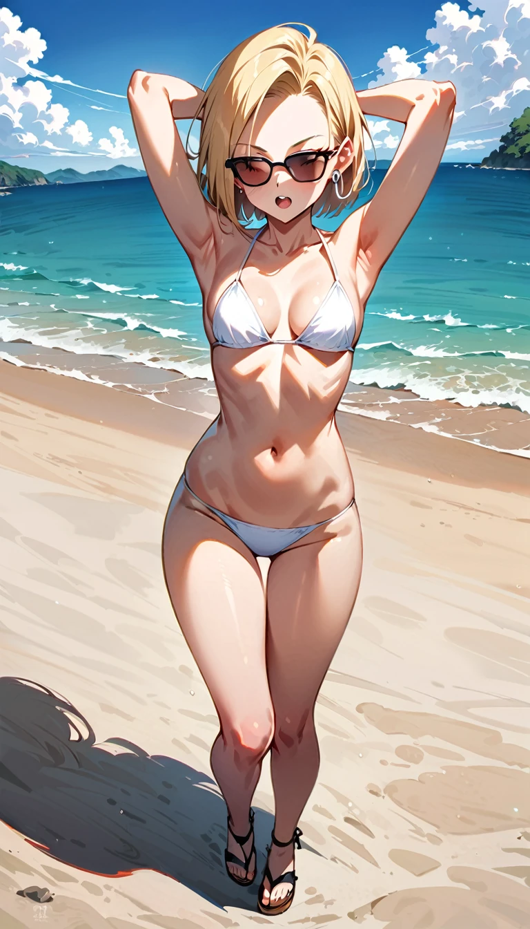 (masterpiece, best quality:1.2), full body, solo, Android 18 from Dragon Ball, ((white string bikini, thigh gap)), small breasts, short blonde hair loose, ((close eyes)), (wearing sunglasses), earrings on earlobes, slender feminine figure, skinny body, cleavage, light blush, chill, simple, cloudy sky, magnificent view, blur background, 4K, beautiful armpits, arms up behind, Japanese sandals, open mouth, beach, standing,