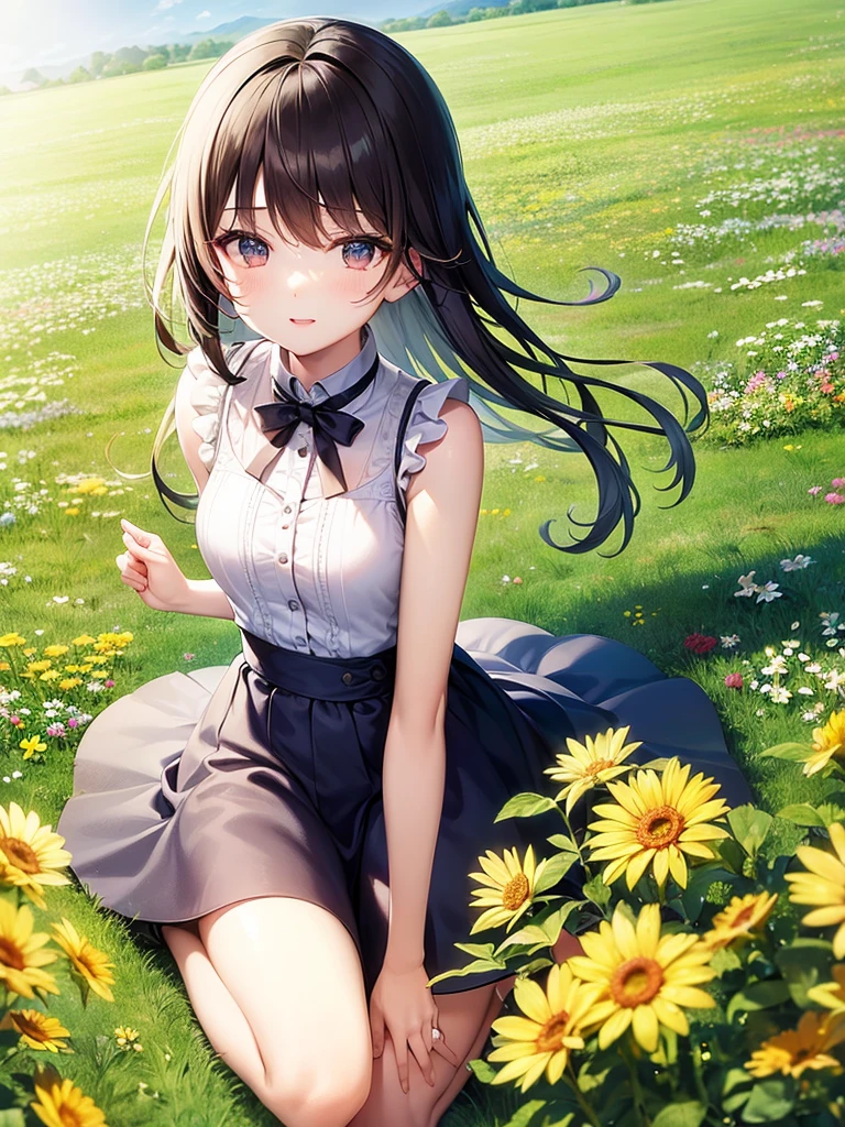 masterpiece, high-quality, a beautiful young woman having fun in a wide grassland, wearing a floral sleeveless top, wearing a flowy knee-length skirt, the background is a sunny meadow, perfect face, perfect hands
