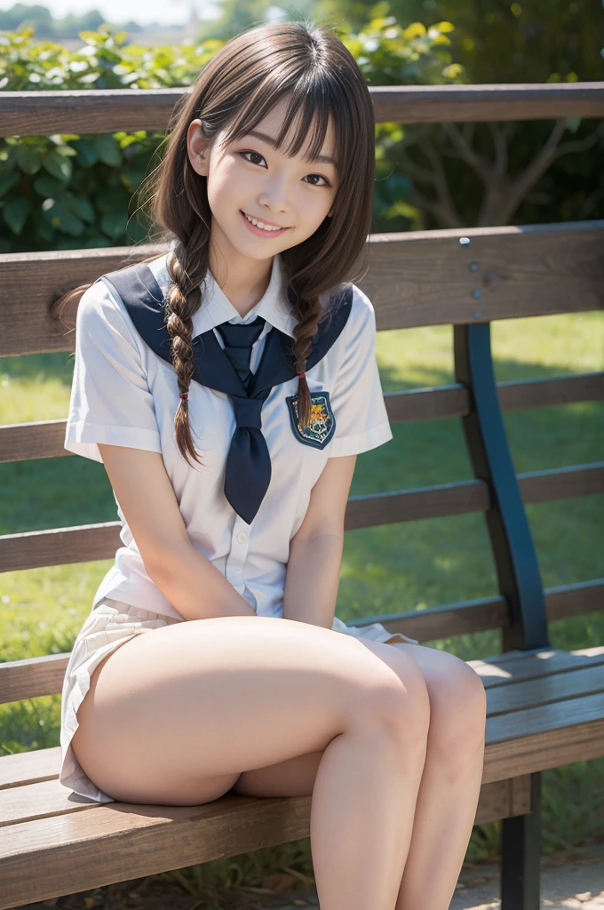 Pure Japanese school girl, outstanding body, beautiful legs, shiny white skin, wearing uniform, natural hairstyles, sweet smile, sitting on bench, refreshing in early summer morning, 