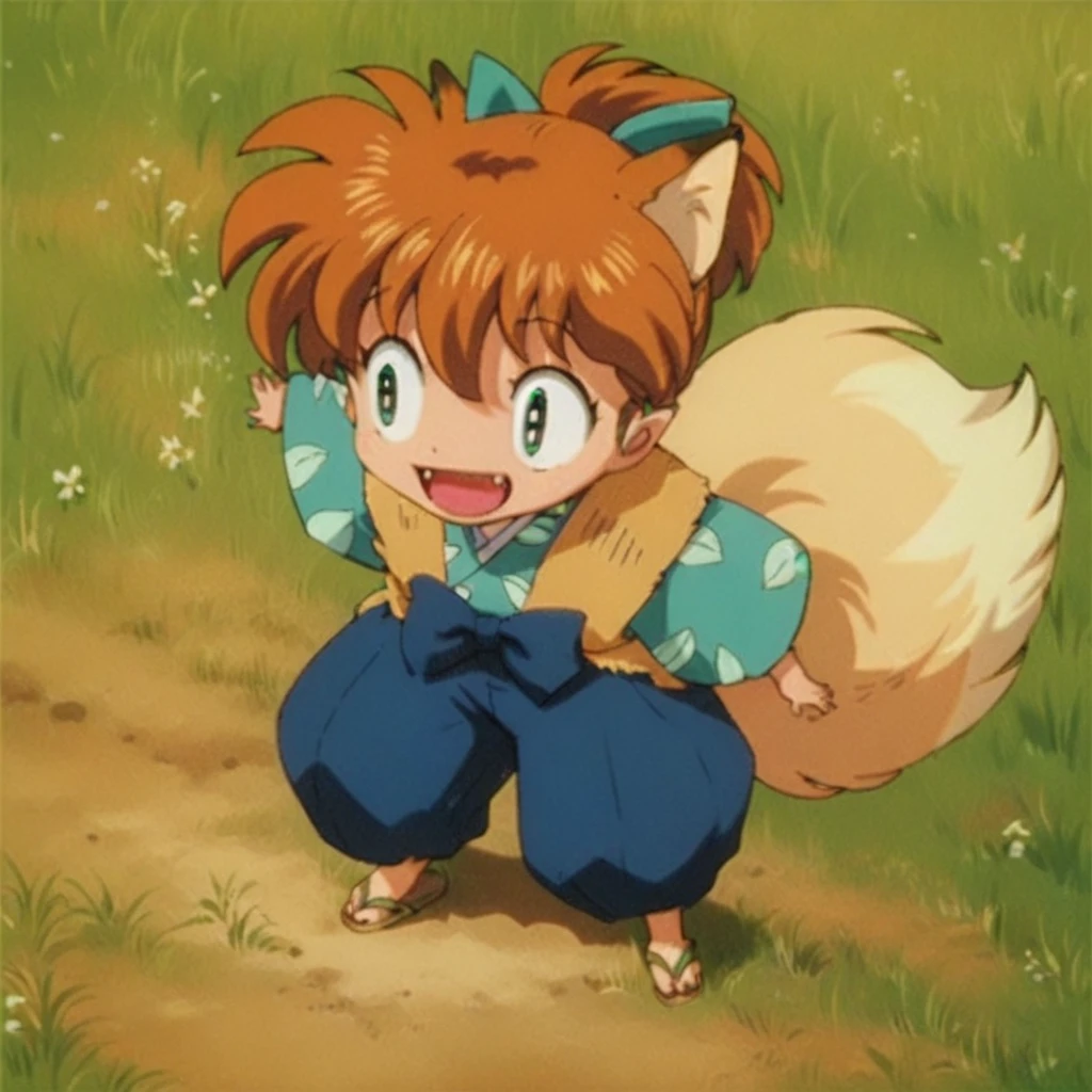 Shippo happy, blond fox ears, sandals, field