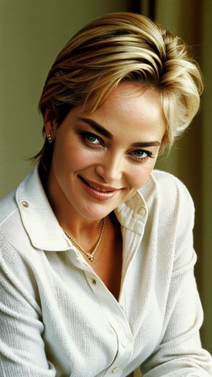 Sharon Stone dressed in cotton clothes with a smile