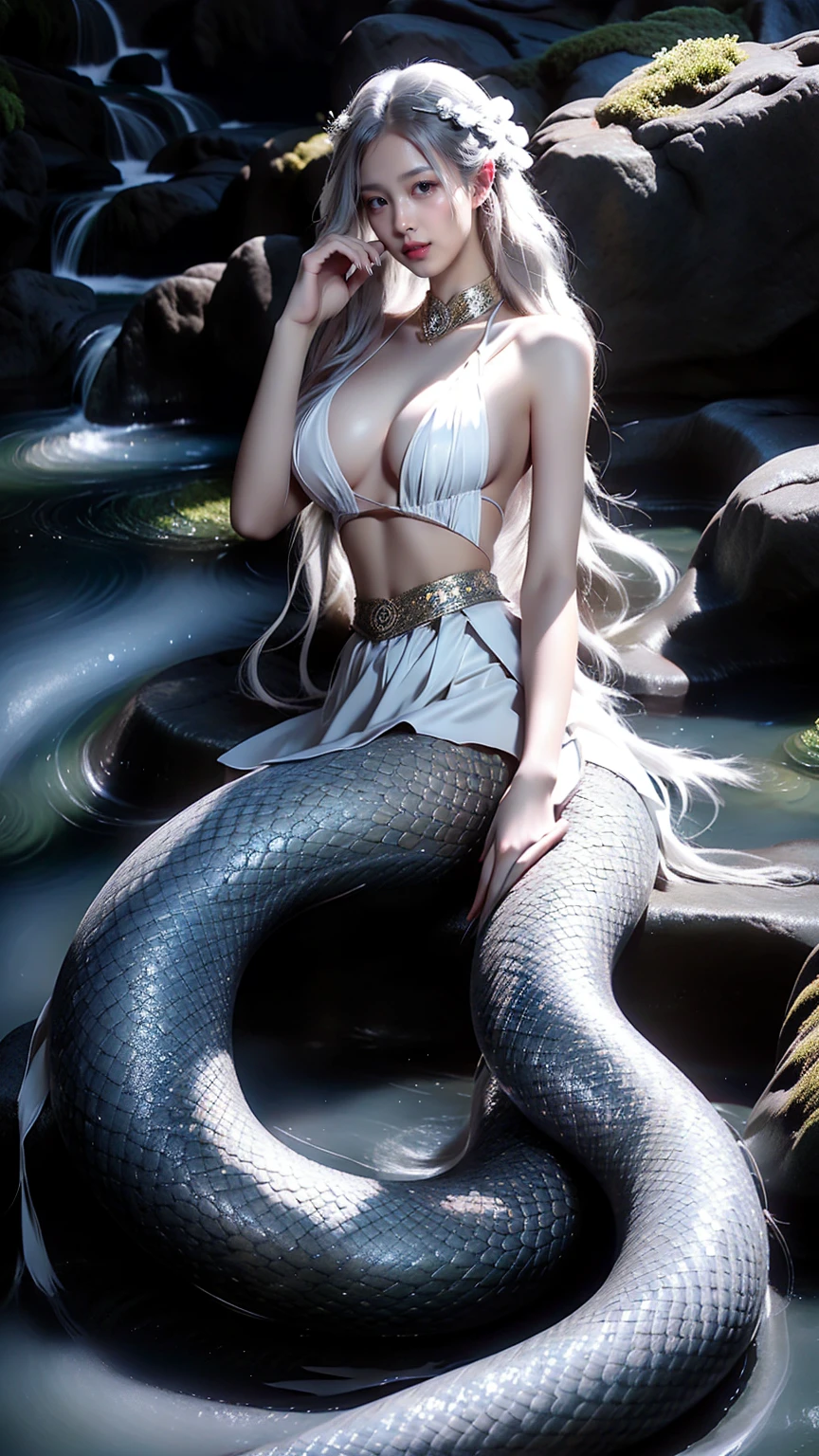 White Snake Princess,((Best image quality, 8K, masterpiece:1.3)), dear, bun,Hairpin,Slim abs:1.3, (classic hairstyle, leaking big breasts:1.2), Fairy,Delicate white snake scales:1.3, (Mermaid:1.2),(Slender S-shaped white snake tail:1.3),Ultra-thin face, Delicate eyes, double eyelids,Meticulous hands,hand strengthening,cold,elegant,(Transparent white tulle skirt:1.2),Many white tulle streamers,they want,letters tattoo,antiquity,8K