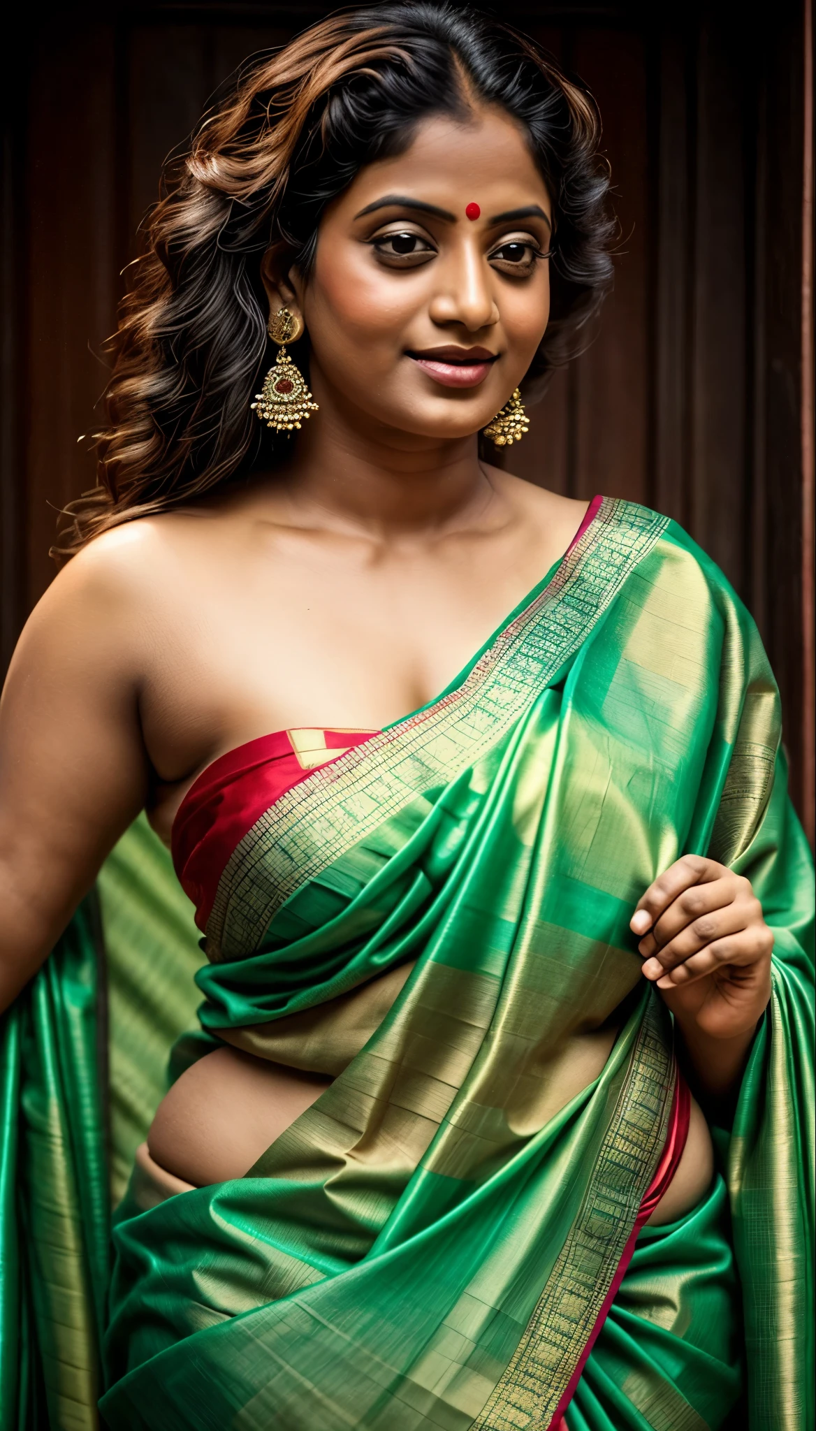 An Extremely gorgeous and beautiful Bengali village woman, 45 yo, pale white skin, sensual appealing body, perfect thick and chubby Beauty, wearing saree bare-chested, curvy, sexy navel folds, fleshy figure, Bengali village style saree, wearing a Bengali-style saree without a blouse,, ethnic vintage bengali village woman, bengali style saree, The sari was worn without a blouse and petticoat before the British Raj, baring one's chest or being blouseless, simple village ornaments, Bengalis a.k.a. Bongs are known for their unique Bengali fashion sense (the way they don that sari makes you go wow), Pre British Raj, Pre colonial era, Bengali Woman draping sari without blouse is a normal thing in pre British Era, bong woman, fine Art photography, artistic photography, sensually appealing, erotic fantasy, ethnic traditional beauty, real armpit hair, low waist saree, insane details, 