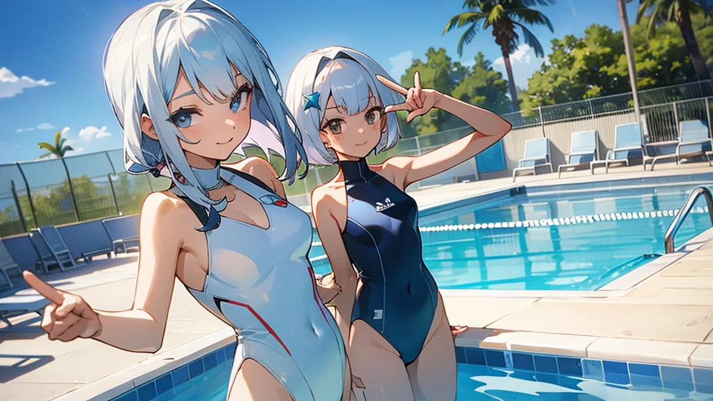 Summer poolside, women in swimsuits, silver hair, peace sign towards the camera
