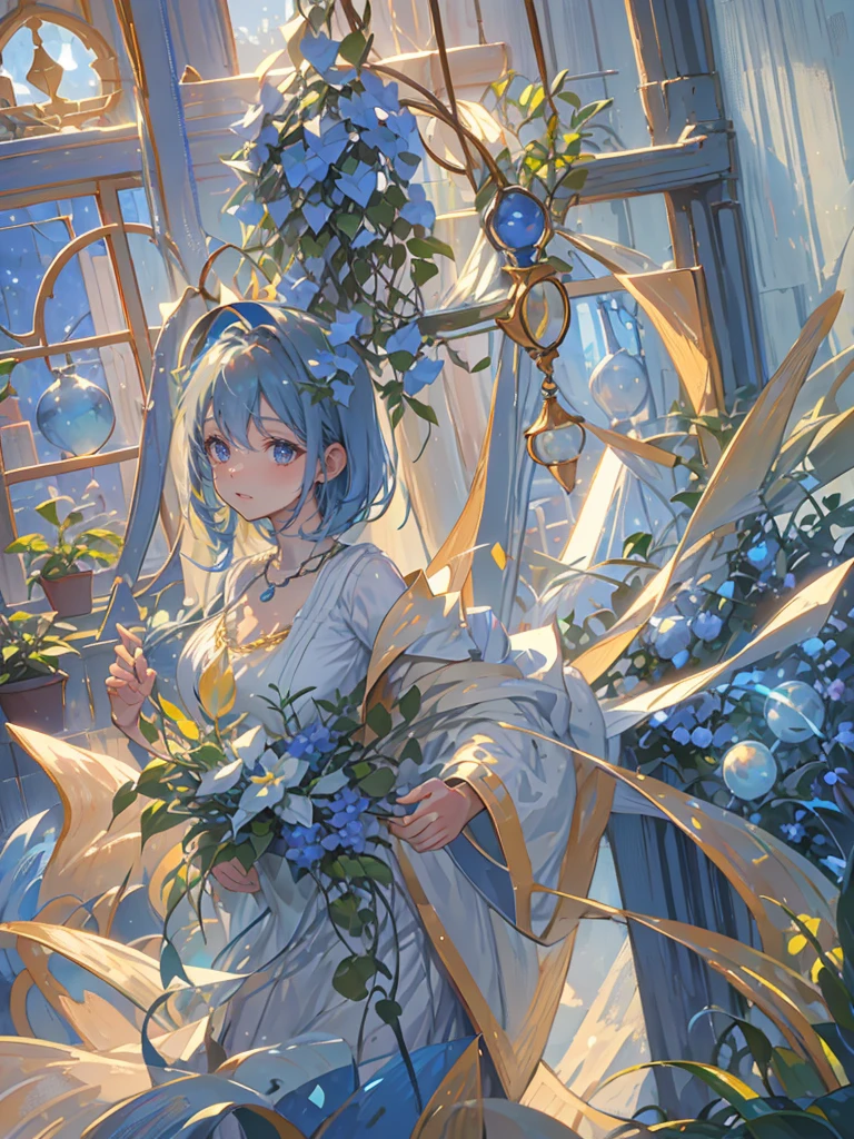 Greeting with a friendly smile, Many pendant lights, Foliage plant, Lots of windows, Blue World, Poured Light, Sparkling glass balls