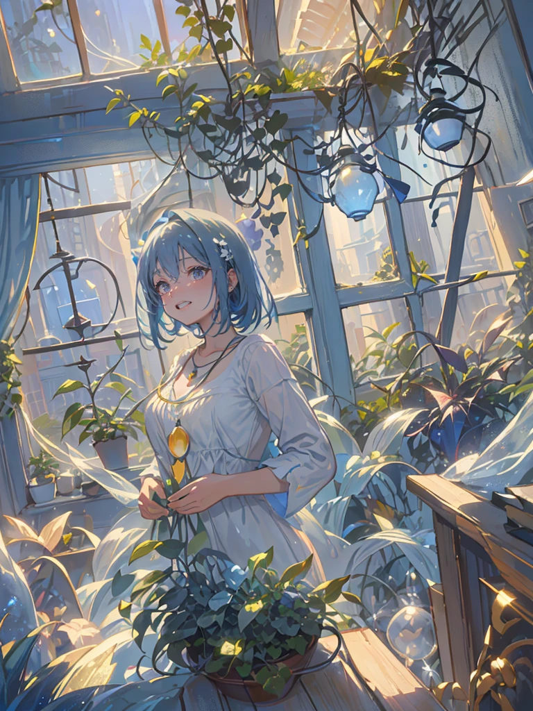 Greeting with a friendly smile, Many pendant lights, Foliage plant, Lots of windows, Blue World, Poured Light, Sparkling glass balls