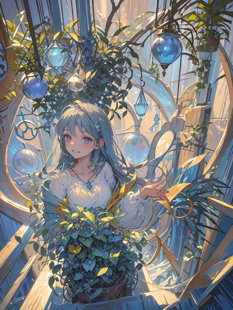 Greeting with a friendly smile, Many pendant lights, Foliage plant, Lots of windows, Blue World, Poured Light, Sparkling glass balls