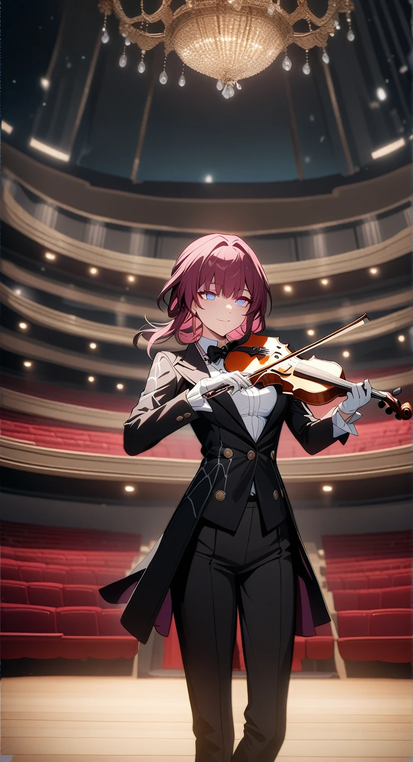 (masterpiece,best quality,4K,anime),1girl,kafka(honkai star rail),solo,mature,intense crimson hairbangs,(asymmetrical cut:1.2),blue aqua eyes,formal wear,black suit,white shirt,black bowtie,black blazer,black pants,gold buttons,white gloves,big theater,wood stage,blacony,mezzanine,orchestra pit,lighting,large dangling chandelier,violin,violin bow,holding violin,playing the viollin,smile,high resolution textures,cinematic,extremely detailed
