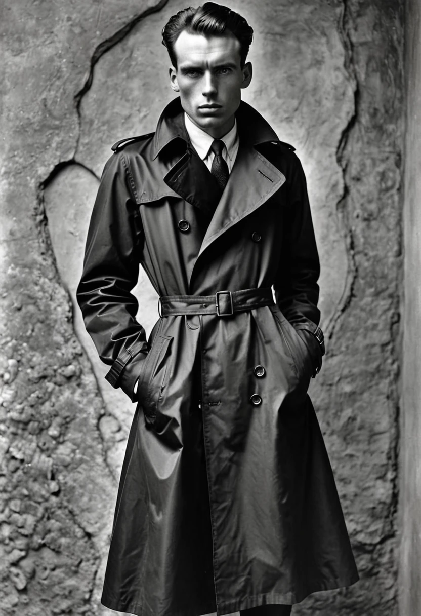 Black Trench Coat, full body, by Edward Weston, best quality, masterpiece, very aesthetic, perfect composition, intricate details, ultra-detailed