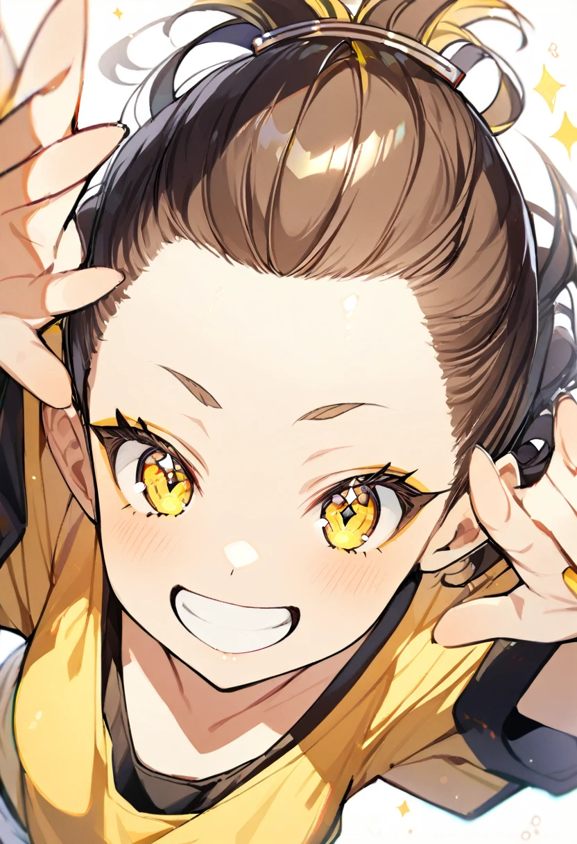 1girl, solo,light yellow eyeliner,look at viewer,from above,(((bangs pinned back))),((black medium hair)),sparkling yellow eyes,yellow tank top,white background,big Smile,(fine hair),wink,(hands up)