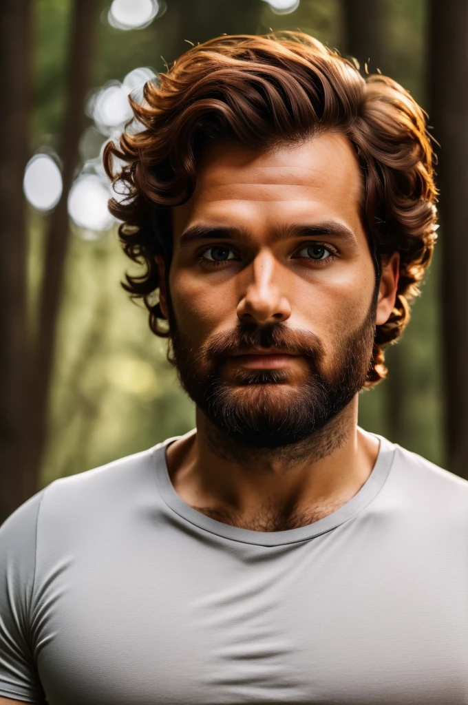 (((hd closeup photo))), one standing Pedro Coimbra, portuguese short wavy dark ginger hair and short beard, Alto looking at camera, 36 years old, in forest, dark brown eyes, white skin, black t-shirt