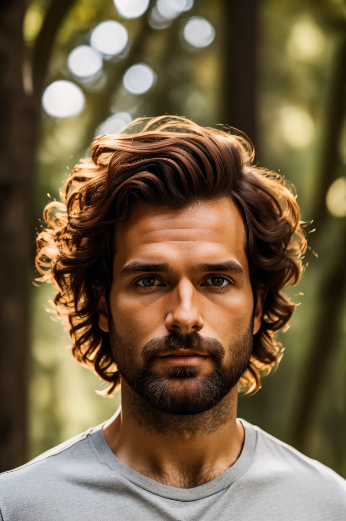 (((hd closeup photo))), one standing Pedro Coimbra, portuguese short wavy dark ginger hair and short beard, Alto looking at camera, 36 years old, in forest, dark brown eyes, white skin, black t-shirt
