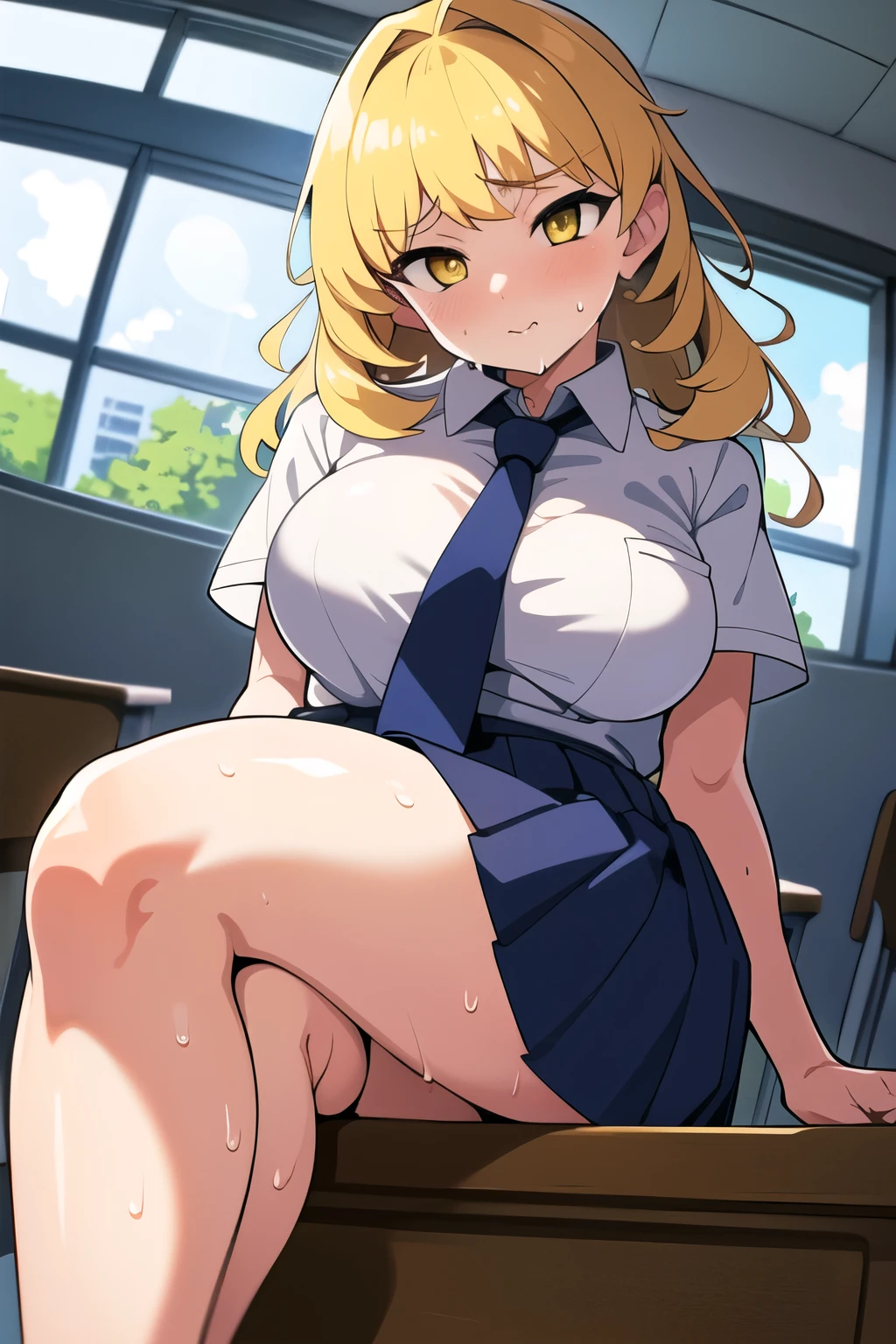 1 Female, Age 20,(Footjob),(Toe),Detailed fingers,blonde perm hair,Gal,((face)), In the heat, Sulky face, Yellow Eyes,tits, White shirt,Navy blue tie,High quality anime, Vulgar,(90s Anime), ((Sweat)), Mastepiece, Ultra High Quality, High resolution, 8K, background: Realistic school classroom,Window,sunlight,((Fisheye Lens)),backgroundボケ,(Low - Angle),Looking down at the viewer,