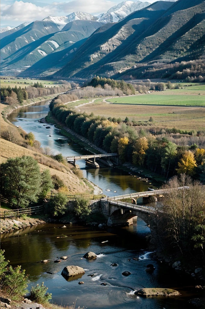 A beautiful, poetic rural picture with rivers and mountains