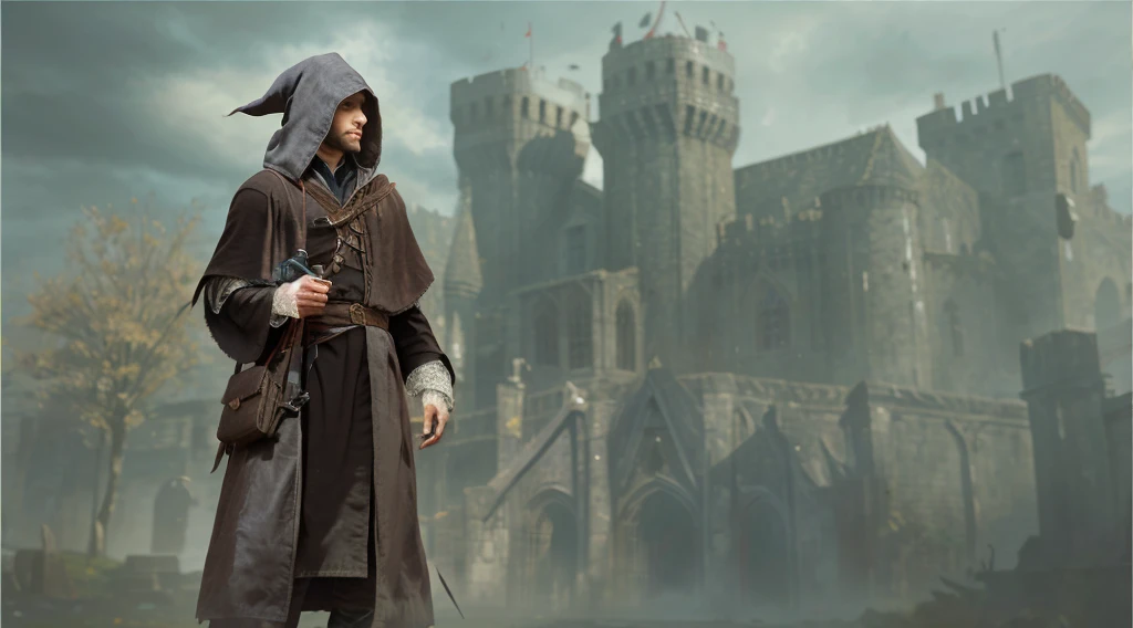 there is a man in a hooded coat standing in front of a castle, picture of a male cleric, ferred - themed robes and hat, anor londo, flowing robes and leather armor, stately robes, bloodborne style, heavy cloak, hooded cloaks, cloud mage robes, red hooded mage, wearing dark cloak, steel inquisitor from mistborn