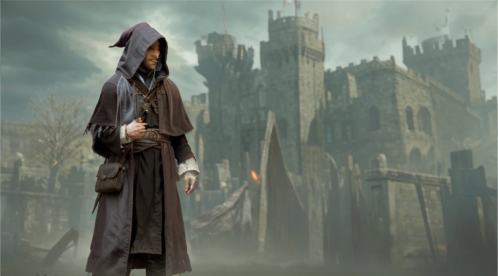 there is a man in a hooded coat standing in front of a castle, picture of a male cleric, ferred - themed robes and hat, anor londo, flowing robes and leather armor, stately robes, bloodborne style, heavy cloak, hooded cloaks, cloud mage robes, red hooded mage, wearing dark cloak, steel inquisitor from mistborn