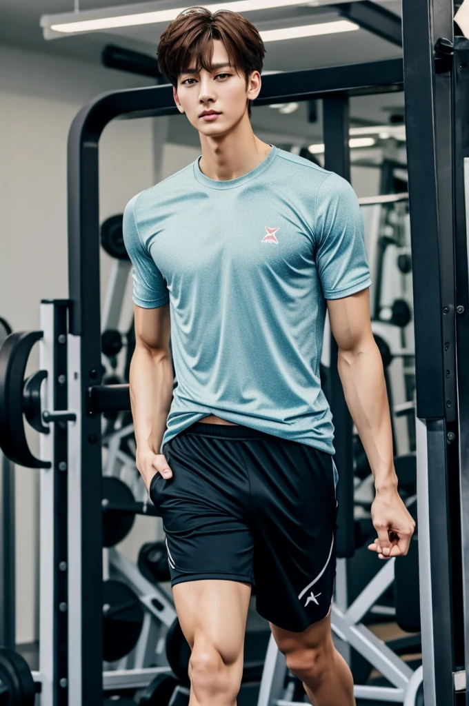 Tall boyfriend looking identical to Jungkook wearing exercise clothes in a gym