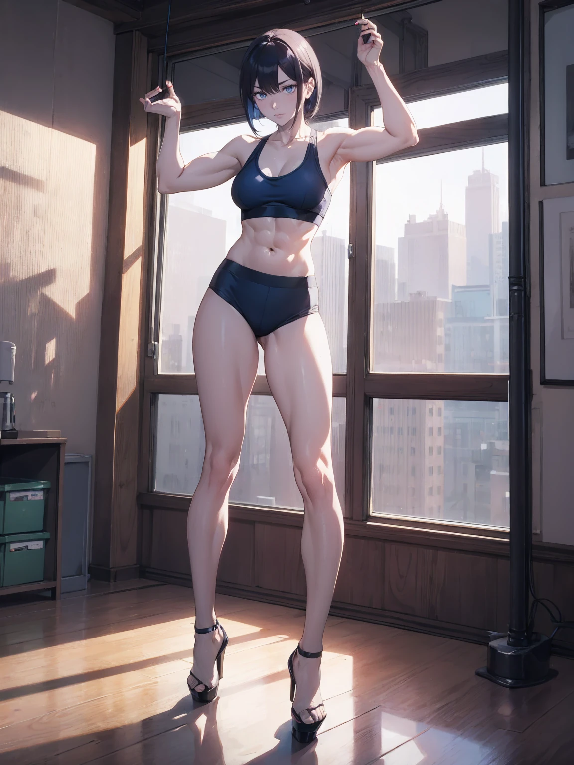 (Sweat:1.2, White skin:1.5、Grey sports bra)Surreal Japanese Portraits,, Ron Mueck, Richard Estes, Marilyn Minter、Purple and blue gradation eyes enveloped in the mystery of the universe,、Perfect lighting, (Perfect hands, Perfect Anatomy)、whole body(1:2)、(White skin:1.5、Muscular arms)、Excellent style,Complete body balance、Dynamic Acid Pose(1:2)、(16:Specializing in aspect ratio 9)、Stiletto heels