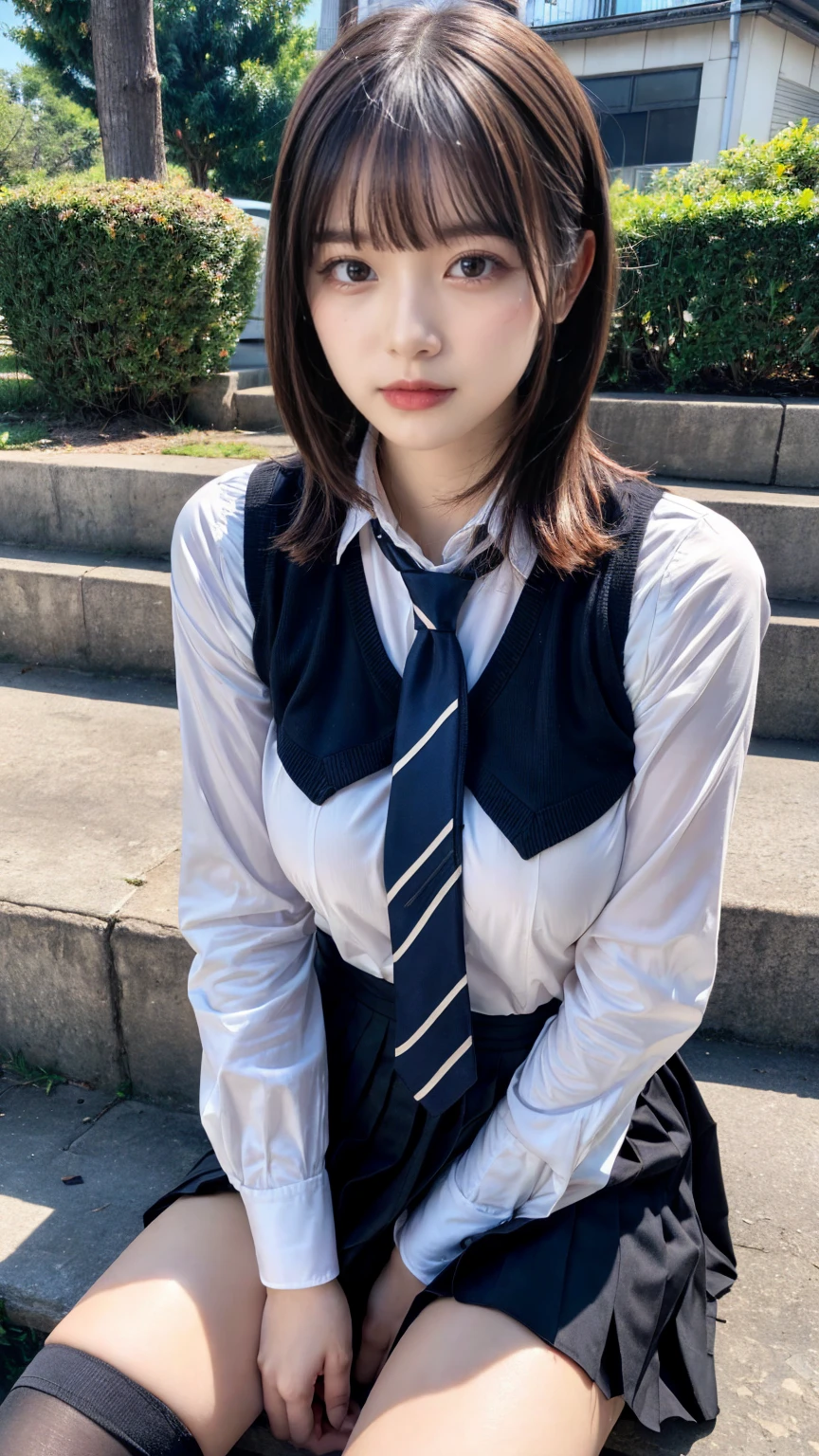 (8K, RAW Photos, Highest quality, masterpiece:1.2), masterpiece, super detailed, super high quality, (Realistic and photorealistic photography:1. 37), High-resolution RAW color photos, Very delicate and beautiful, highly detailed, 8k wallpaper, wonderful, detailed, Very eye, very detailed, very detailed skin, very thin fingers, very detailed nose, very detailed mouth, Perfect Anatomy, BREAK,18 year old girl, moped, short hair, bangs, emphasize breasts, huge breasts, colossal tits, very huge round breasts, beauty legs, (Spread your legs:1.2), (Open your legs:1.2), Hands between legs, (perfect body shape:1.1), Big Natural Color Lip, Small and round face, cute type, (Details High quality, realistic depiction of eyes:1.3), Beautiful makeup, glitter makeup, BREAK, skirt, socks, black socks, pleated skirt, kneehighs, white shirt, blue necktie, long sleeves, vest, collared shirt, BREAK, (sitting on a step:1.2), bold sexy pose