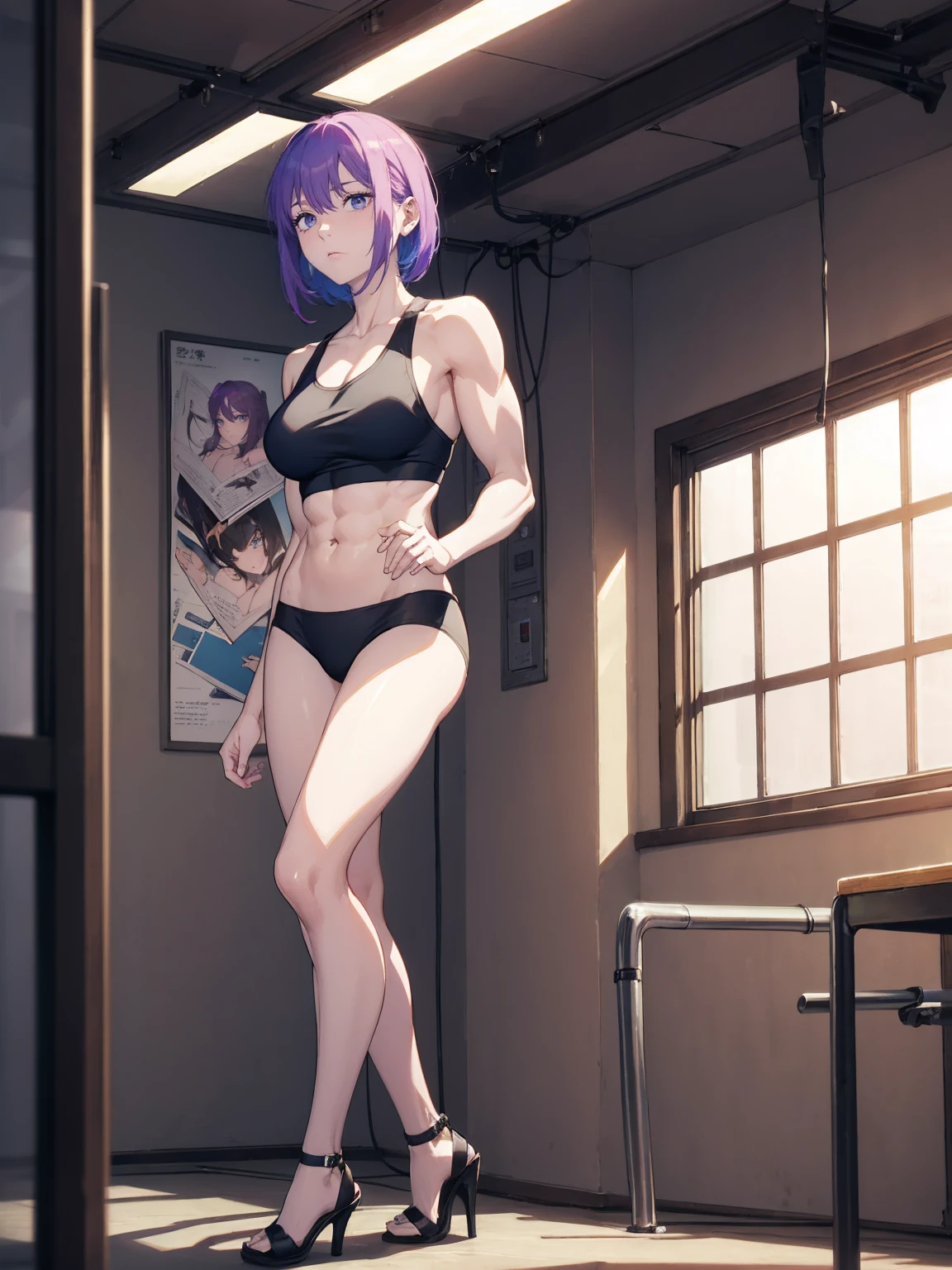 (Sweat, White skin:1.5、Grey sports bra)Surreal Japanese Portraits,, Ron Mueck, Richard Estes, Marilyn Minter、Purple and blue gradation eyes enveloped in the mystery of the universe,、Perfect lighting, (Perfect hands, Perfect Anatomy)、whole body(1:2)、(White skin:1.5、Muscular arms)、Excellent style,Complete body balance、Dynamic Acid Pose(1:2)、(16:Specializing in aspect ratio 9)、Stiletto heels