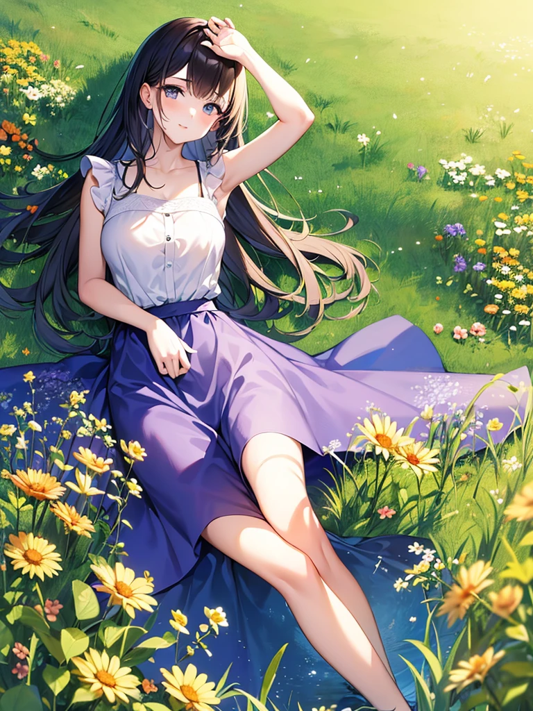 masterpiece, high-quality, a beautiful young woman having fun in a wide grassland, wearing a floral sleeveless top, wearing a flowy knee-length skirt, the background is a sunny meadow, perfect face, perfect hands 