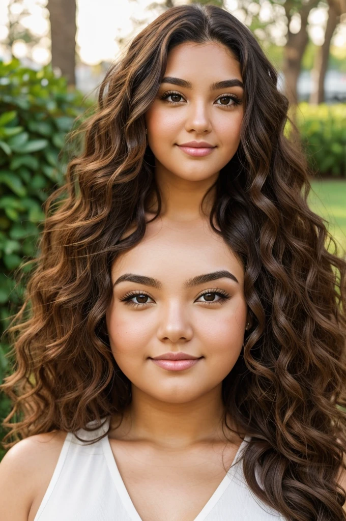Fat girl with brown eyes long curly hair should length with a mole near noise