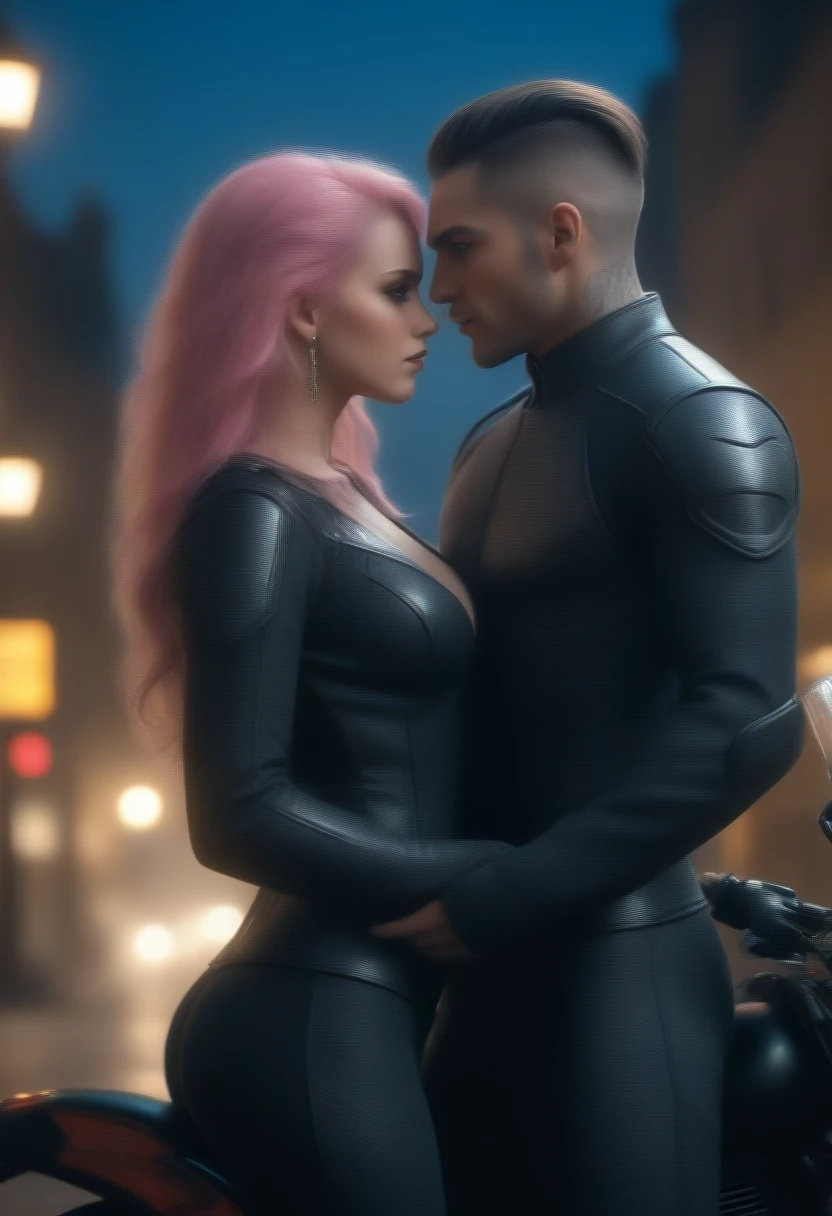 8 k, Best quality, masterpiece, Ultra high resolution, (Realism: 1.4), original photo, (realistic skin texture: 1.3), (Granularity: 1.3),  girl and guy dark style punks couple in love couple on a motorcycle facial details, masterpiece, Best quality, looking at the viewer at night (((look at the viewer)))