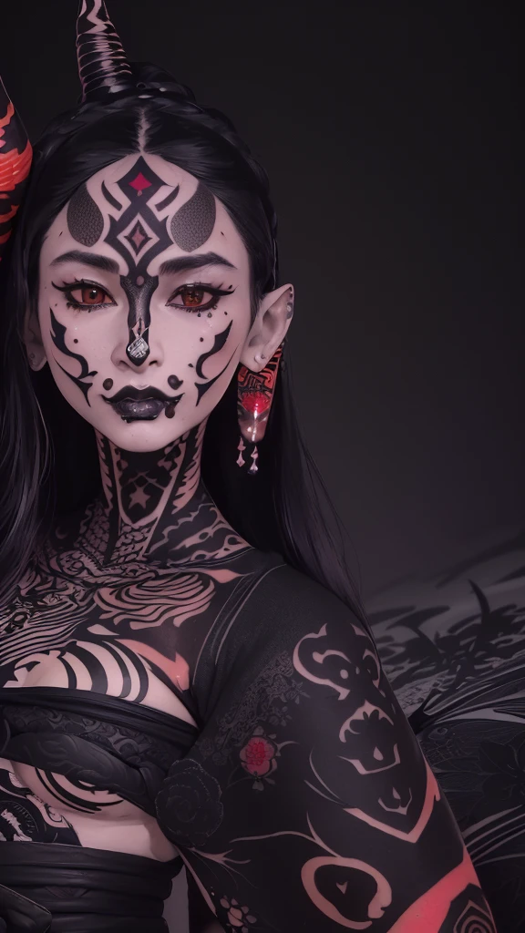 (photorealistic:1.3), Masterpiece, Best Quality, (intricate details:1.2), (scenery:1.3), beautiful face, (black theme:1.3),
(((1 girl, A girl in a patterned kimono holding a dagger in her hand, (Mira Weiwer:1.3), (face tattoo:1.2), Small oni horn, red
))), whole body, Split in half