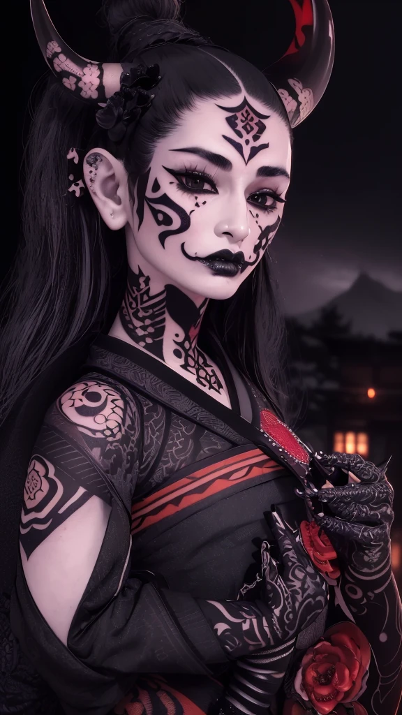 (photorealistic:1.3), Masterpiece, Best Quality, (intricate details:1.2), (scenery:1.3), beautiful face, (black theme:1.3),
(((1 girl, A girl in a patterned kimono holding a dagger in her hand, (Mira Weiwer:1.3), (face tattoo:1.2), Small oni horn, red
))), whole body, Split in half
