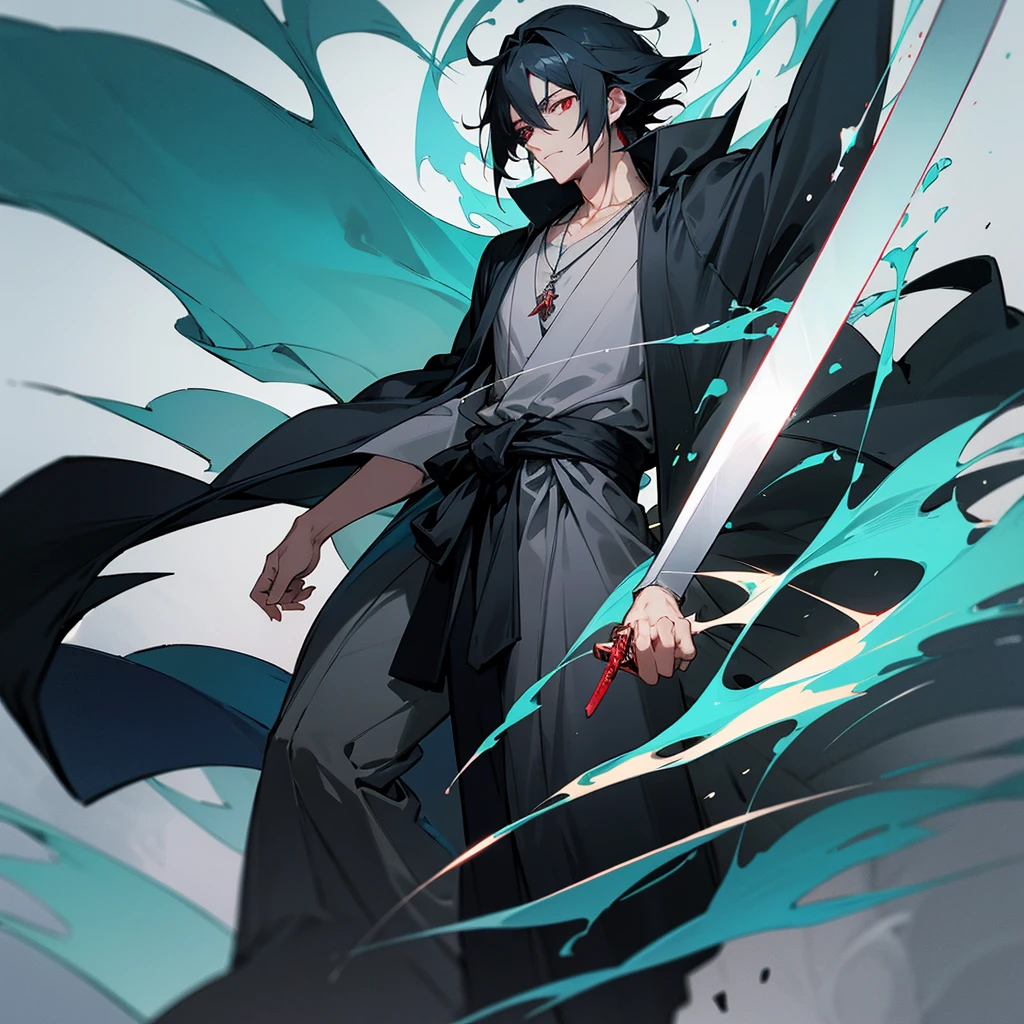 anime character, a handsome man,black hair, wearing gray clothes with a black robe, wearing a necklace, has a turquoise aura, calm face, has a red eye. has a sword at his waist.